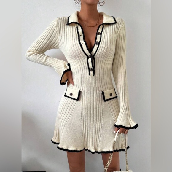 Cider KNIT COLLAR CONTRASTING BINDING LETTUCE TRIM MINI DRESS Ivory Black Small - Picture 1 of 12